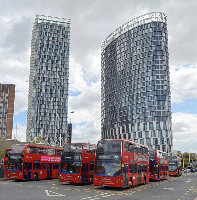21 - The Unex Tower and Stratosphere Tower rising above Stratford Bus Station in East London